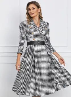 Rochie Iris alba cu imprimeu pepit si curea in talie