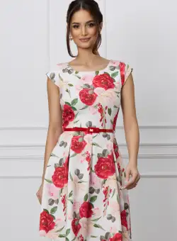 Rochie Iseline alba cu imprimeu floral rosu si curea in talie