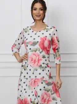 Rochie Iulia alba cu buline si trandafiri roz