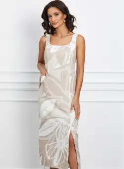 Rochie Jasmine alba cu imprimeu bej si buzunar