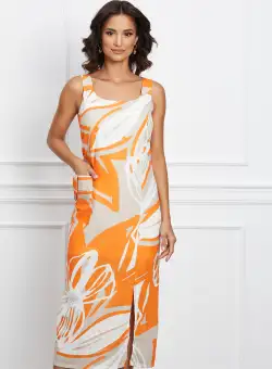 Rochie Jasmine orange cu imprimeu bej si buzunar
