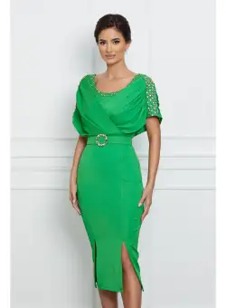 Rochie Larisa verde cu perlute si curea in talie