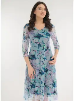 Rochie lejera din tulle cu print floral maxi roz-bleu