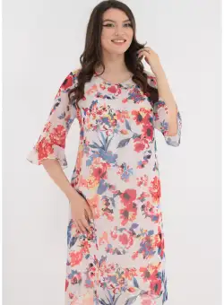 Rochie lejera din voal alb cu flori maxi corai