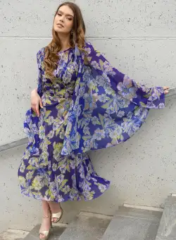 Rochie Leonard Collection albastra cu imprimeu floral verde