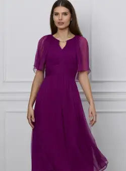 Rochie Leonard Collection magenta din matase naturala cu maneci scurte cu decupaj