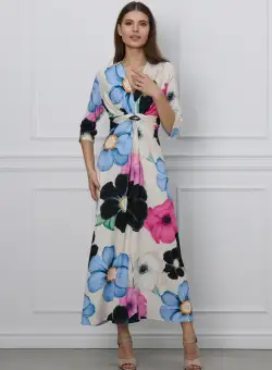 Rochie Liana ivory cu flori mari colorate