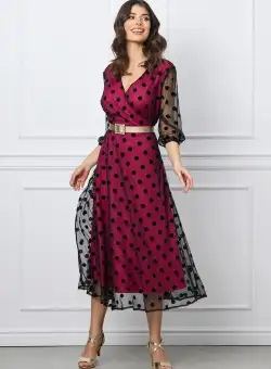 Rochie Liana magenta cu tull negru si buline din catifea