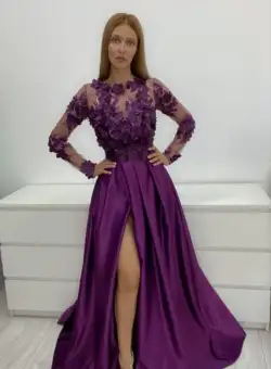 Rochie lunga din tafta mov cu broderie din flori 3D in partea superioara