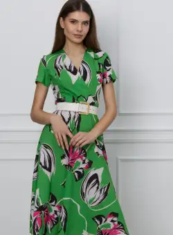 Rochie Mara verde cu flori fucsia si curea in talie