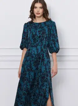 Rochie Mara verde petrol cu imprimeuri florale negre
