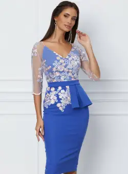 Rochie MBG albastra cu broderie la bust si peplum in talie
