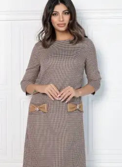 Rochie MBG bej cu carouri si buzunare cu funde