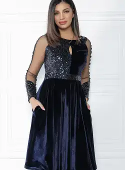 Rochie MBG bleumarin din catifea cu paiete si maneci din tull