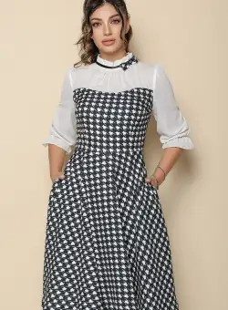 Rochie MBG cu imprimeu pepit si bust din voal alb
