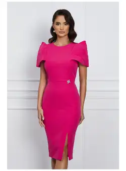 Rochie MBG fucsia cu pliuri pe maneci si umeri bufanti