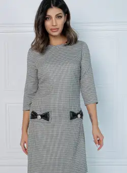 Rochie MBG gri cu carouri si buzunare cu funde