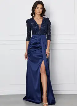 Rochie MBG lunga bleumarin din tafta cu paiete la bust si crepeu maxi