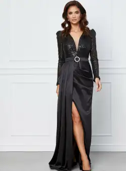 Rochie MBG neagra cu bust din paiete si crepeu maxi pe fusta