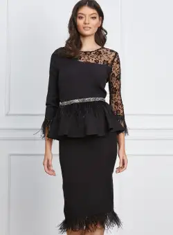 Rochie MBG neagra cu dantela si pene
