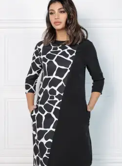 Rochie MBG neagra cu imprimeuri albe pe o parte
