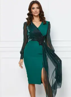 Rochie MBG verde cu bust si maneci din lurex
