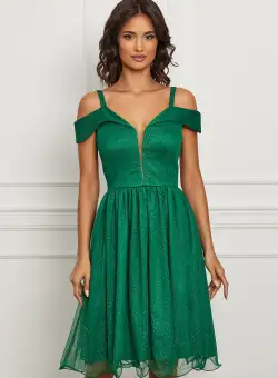 Rochie MBG verde cu glitter si umeri goi