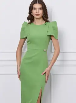 Rochie MBG verde cu umeri bufanti si aplicatie pe talie