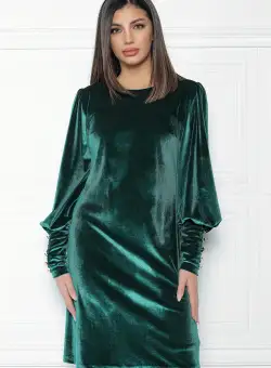 Rochie MBG verde din catifea cu nasturi pe maneci