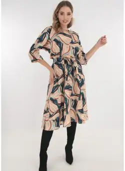 Rochie midi bej cu print abstract turcoaz