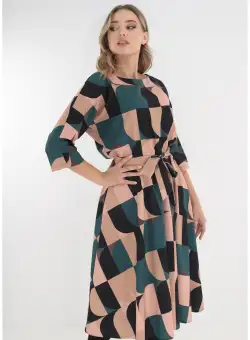 Rochie midi bej cu print geometric negru-turcoaz