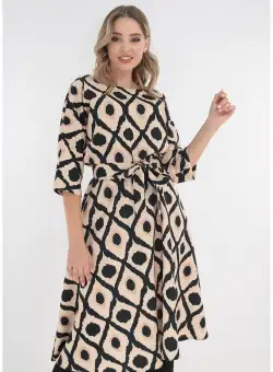 Rochie midi crem cu print geometric negru