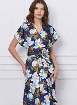 Rochie Mira bleumarin cu imprimeuri florale si cordon in talie