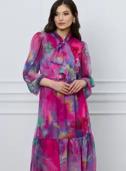Rochie Miruna fucsia cu imprimeuri mov si curea in talie