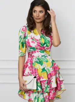 Rochie Moze alba cu imprimeu floral colorat si volane