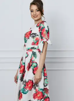 Rochie Moze alba cu imprimeuri florale rosii