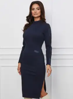 Rochie Moze bleumarin cu buzunare si imprimeuri pe maneci