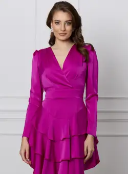Rochie Moze fucsia din satin cu volane pe fusta