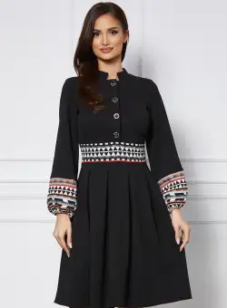 Rochie Moze neagra cu nasturi la bust si imprimeu in talie