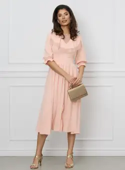 Rochie Moze peach cu dantela si volane la bust