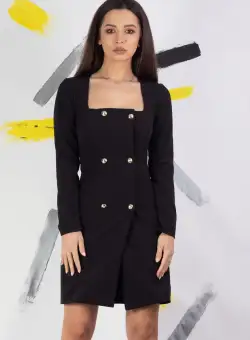 Rochie Moze tip sacou negru prevazut cu doua randuri de nasturi