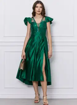Rochie Moze verde cu paiete la bust si crepeu maxi