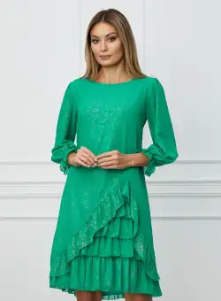 Rochie Oana verde cu imprimeu auriu si volane la baza