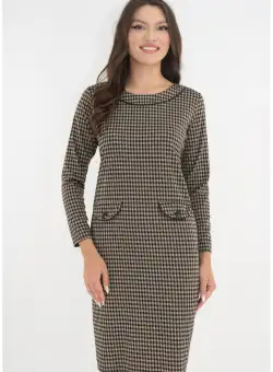 Rochie office bej cu imprimeu tip picior de cocos