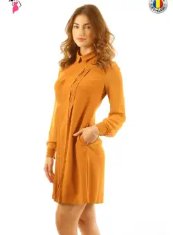 Rochie office LaDonna mustar croita in A cu pense si buzunare