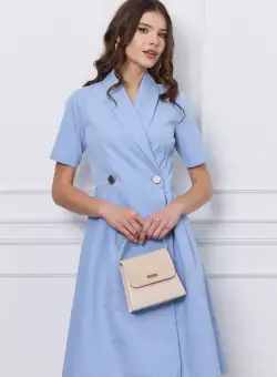 Rochie Roxie petrecuta bleu cu nasturi in talie