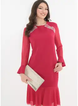 Rochie roz-grenadine de ocazie cu broderie si maneci din tull