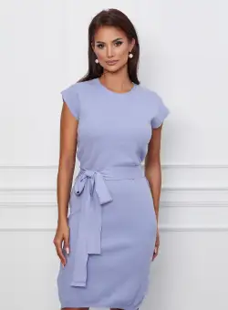 Rochie Sabrina bleu din tricot fara maneci cu cordon in talie