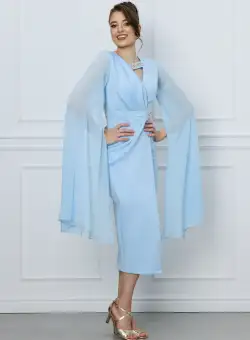 Rochie Sara bleu din neopren cu maneci lungi din voal