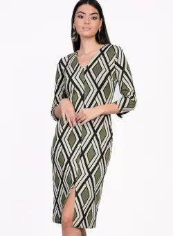 Rochie Sarah kaki cu imprimeuri bej